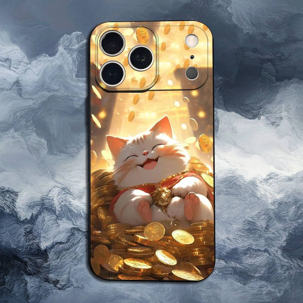 Cartoon Lucky Cat Phone For iPhone 13,12,15,14,11,16,17,Plus,Pro Max,XS,X,XR,SE,Mini,8,7,Soft Silicone Black
