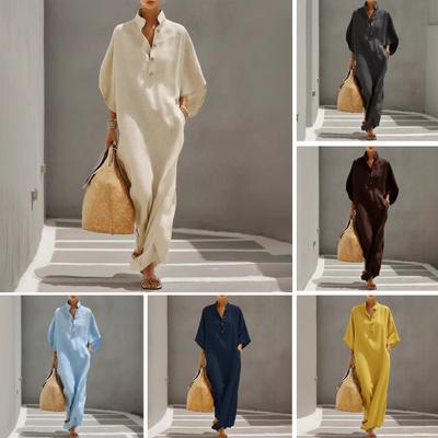 Summer Stand Collar Maxi Dress for Women Half Sleeve Button Up V Neck Long Dress Loose Flowy Beach Sundress with Pockets