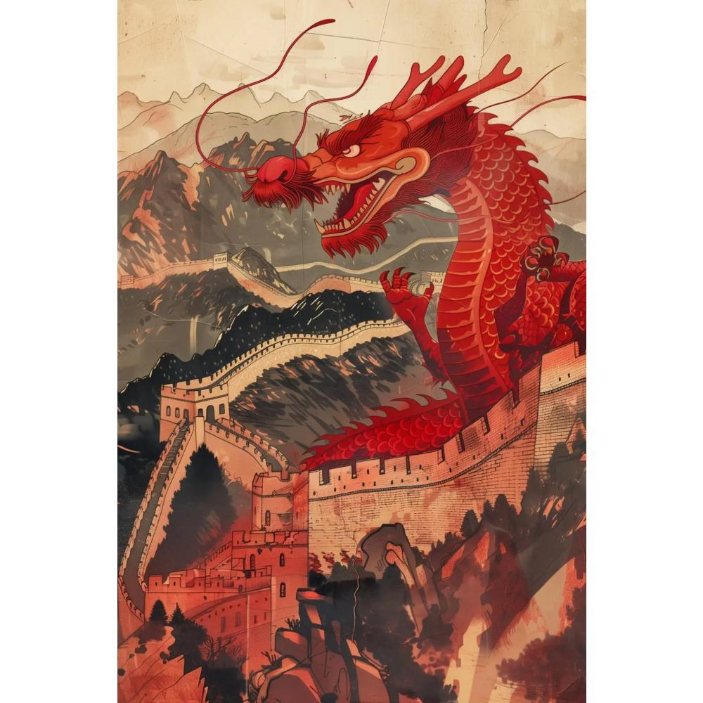 Vintage Iconic Mysterious Grand Chinese Loong Poster The Great Wall Modern Prints Canvas Wall Art Picture Home Living Room Decor