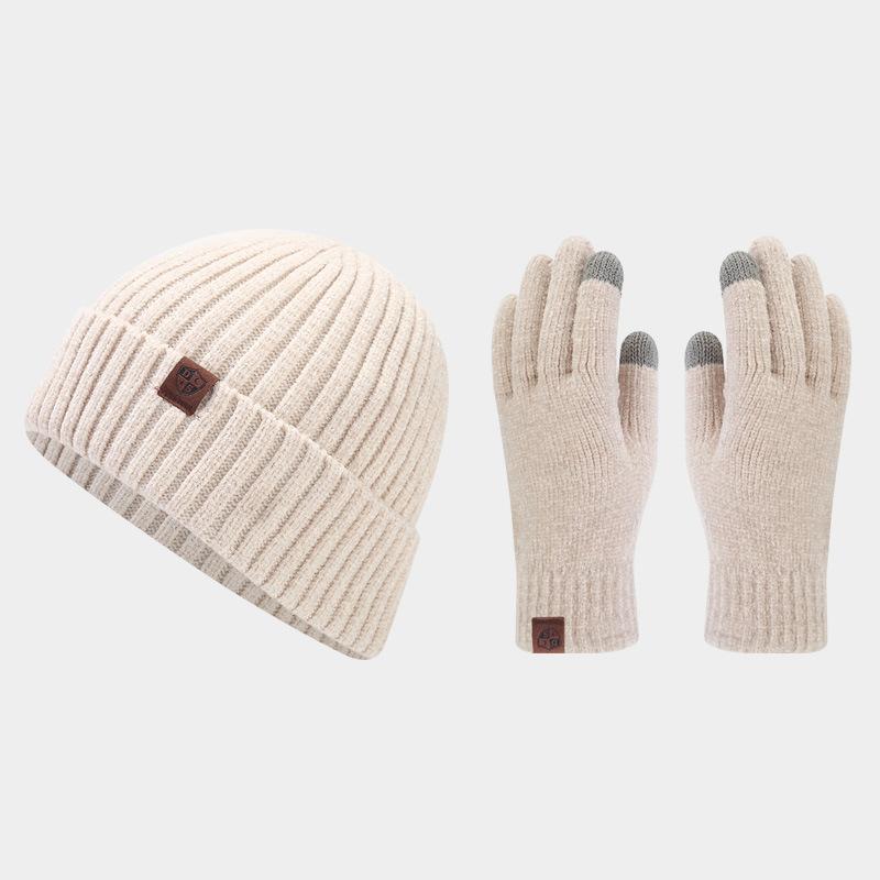 

Новый полосатый вязаный комплект из двух предметов: шапка и перчатки, для осени и зимы, уличный, теплый и ветрозащитный, шерстяной комплект бежевый