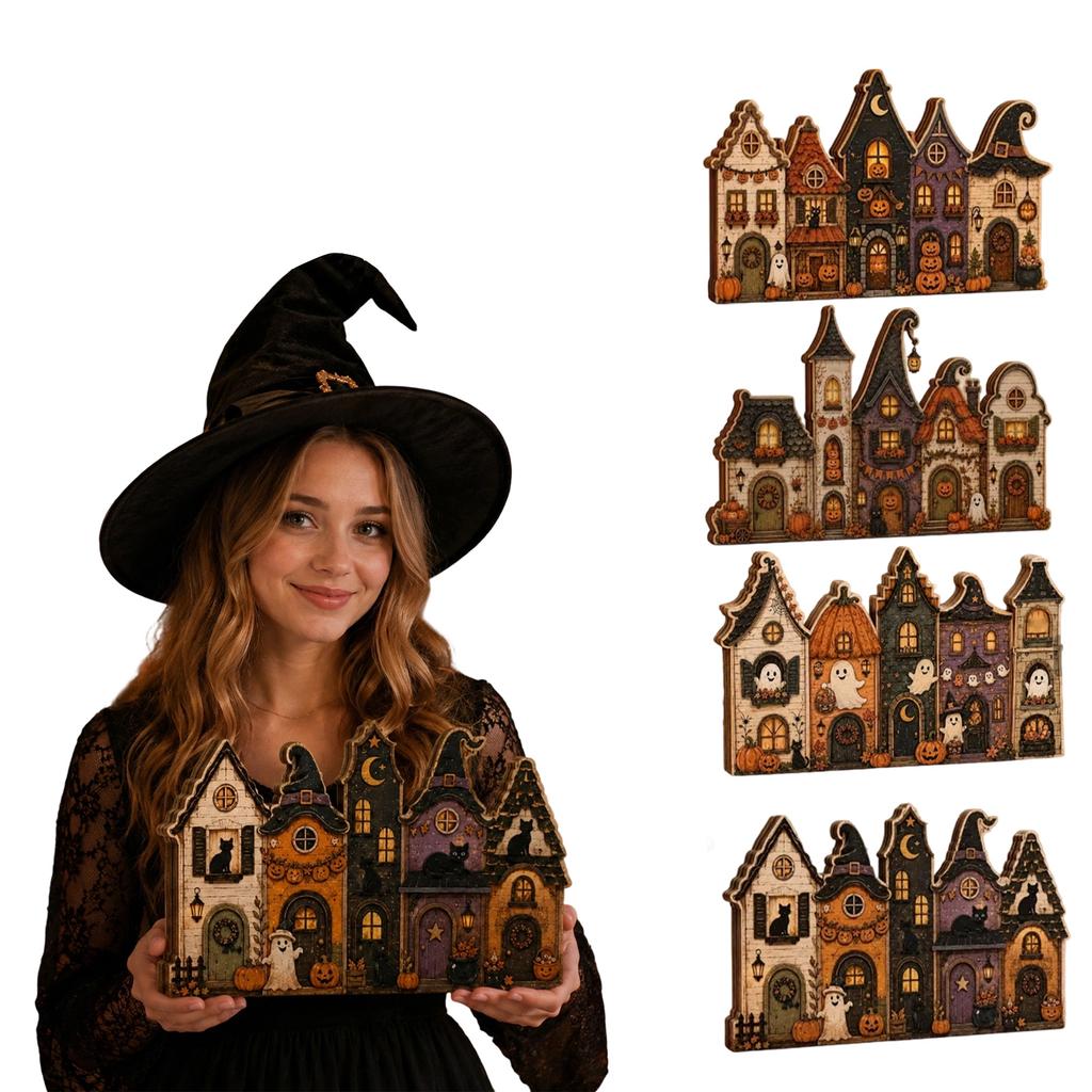 2D Wooden Tabletop House Village Halloween Decor - Vintage Town Scene for Desk Shelf Mantel