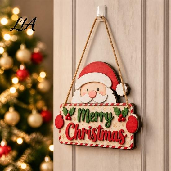 Holiday Festive Wood Pendants 2D Flat Christmas Wooden Door Hanger Sign, Santa & Snowman Welcome Party Decorations Hanging Plaque, Merry Front