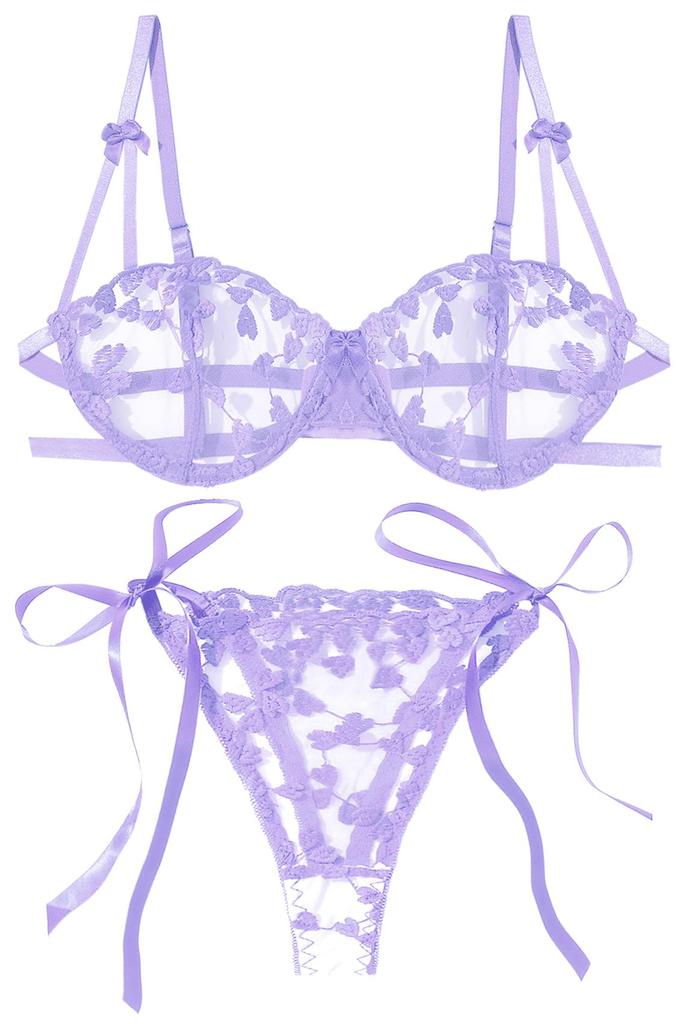 Maeau Lace Lingerie Beautiful Padded Size S Women's T-Back Set, Breasts, Embroidered, See-Through, Bra, Sheer, Sheer, Sheer, Purple,