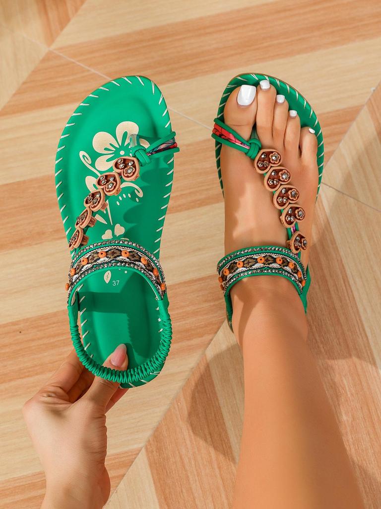 Boho Etniczne Damskie Sandały z Koralikami - Letnia Moda Płaskie Klapki