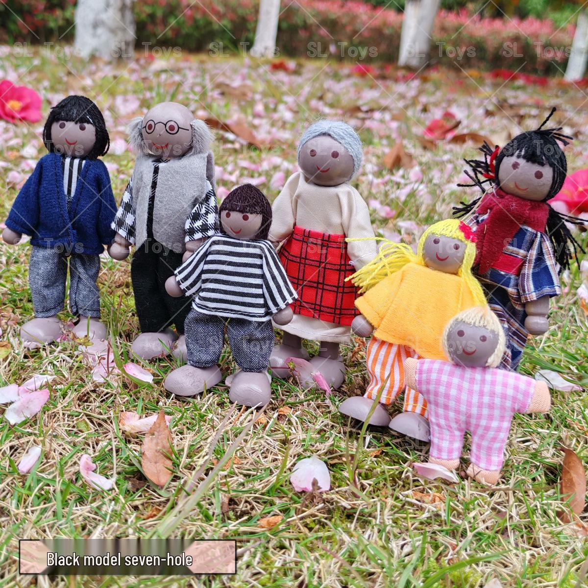 Black Wooden Doll Family Set: 6 or 7-Person Parent-Child Role-Playing Educational Toy. 8 members + Blue and Pink Wooden Ring