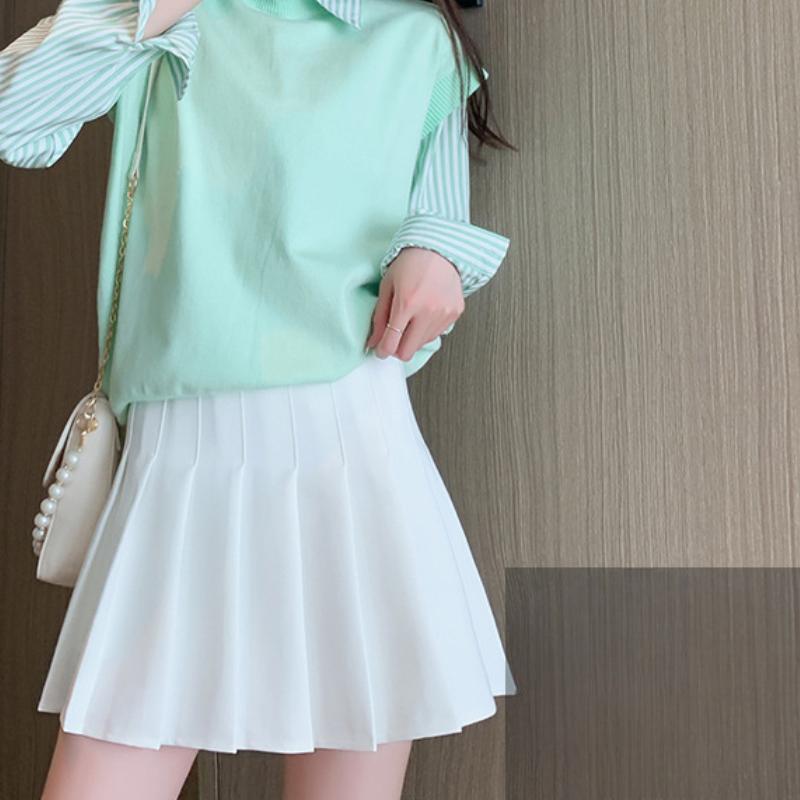 Women In Women's White Korean Style New Style College Style Black Plaid Slit A-line Short Skirt Summer Autumn and Winter High-waisted Skirt