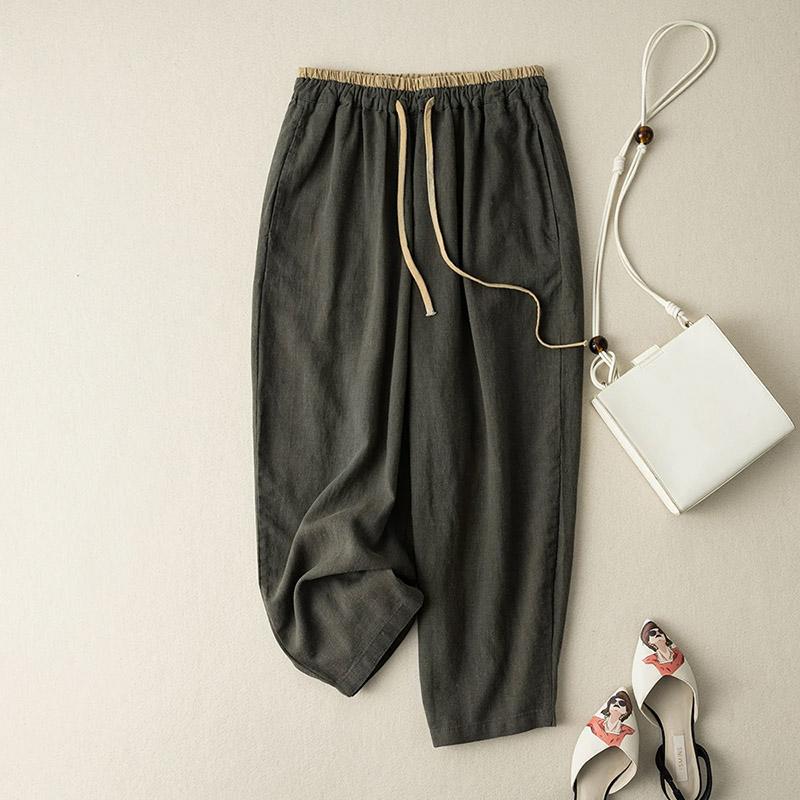 

Брюки Летние Женские Хлопковые Большого Размера Свободные Пижамные Брюки Универсальные Повседневные С Высокой Посадкой Однотонные Льняные Брюки XXXL