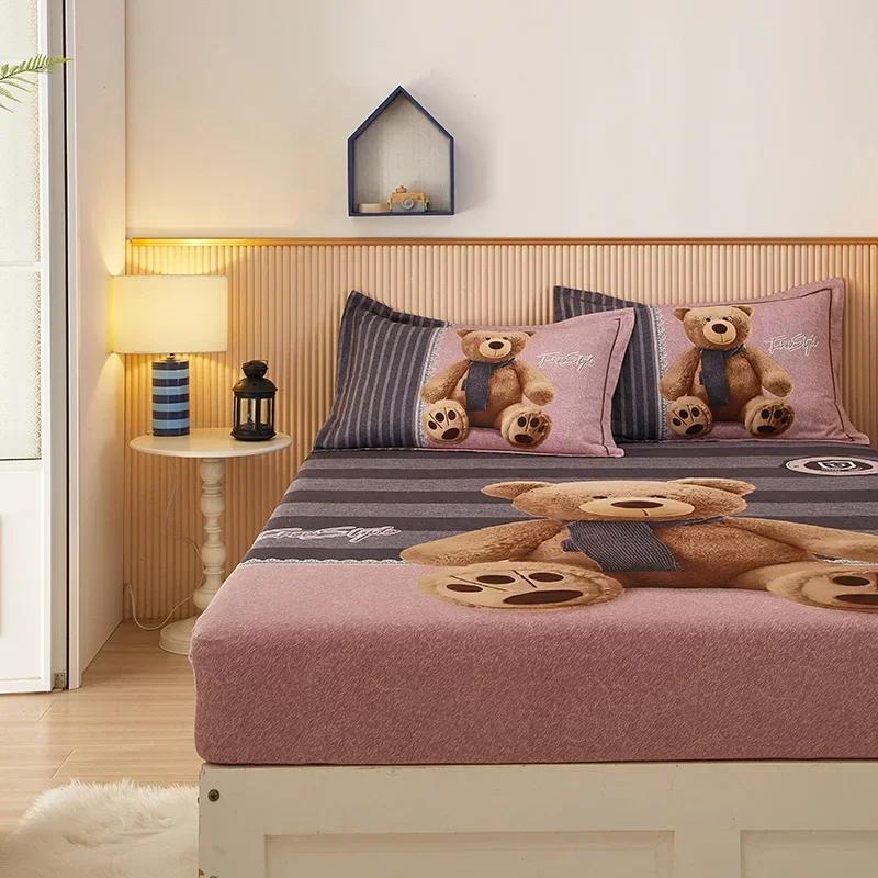 Cute Teddy Bear Pattern Fitted Sheet Set 100% Cotton Anti-slip Mattress Cover with Pillowcases Home Bedding Set for Boys Girls