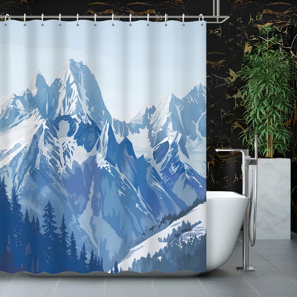1Pc Modern Abstract Snow Mountain Range Pine Forest Winter Snowy Scenery Shower Curtain, Decorative Printed Bath Curtain