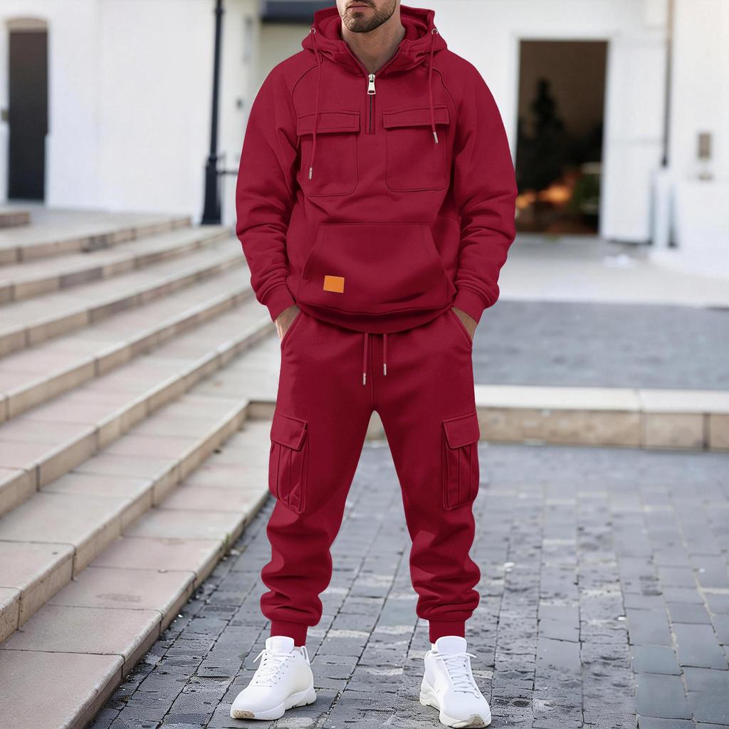 Herren Freizeit Zweiteiliger Trainingsanzug Halber Reißverschluss Hoodie und Cargo Jogginghose Set
