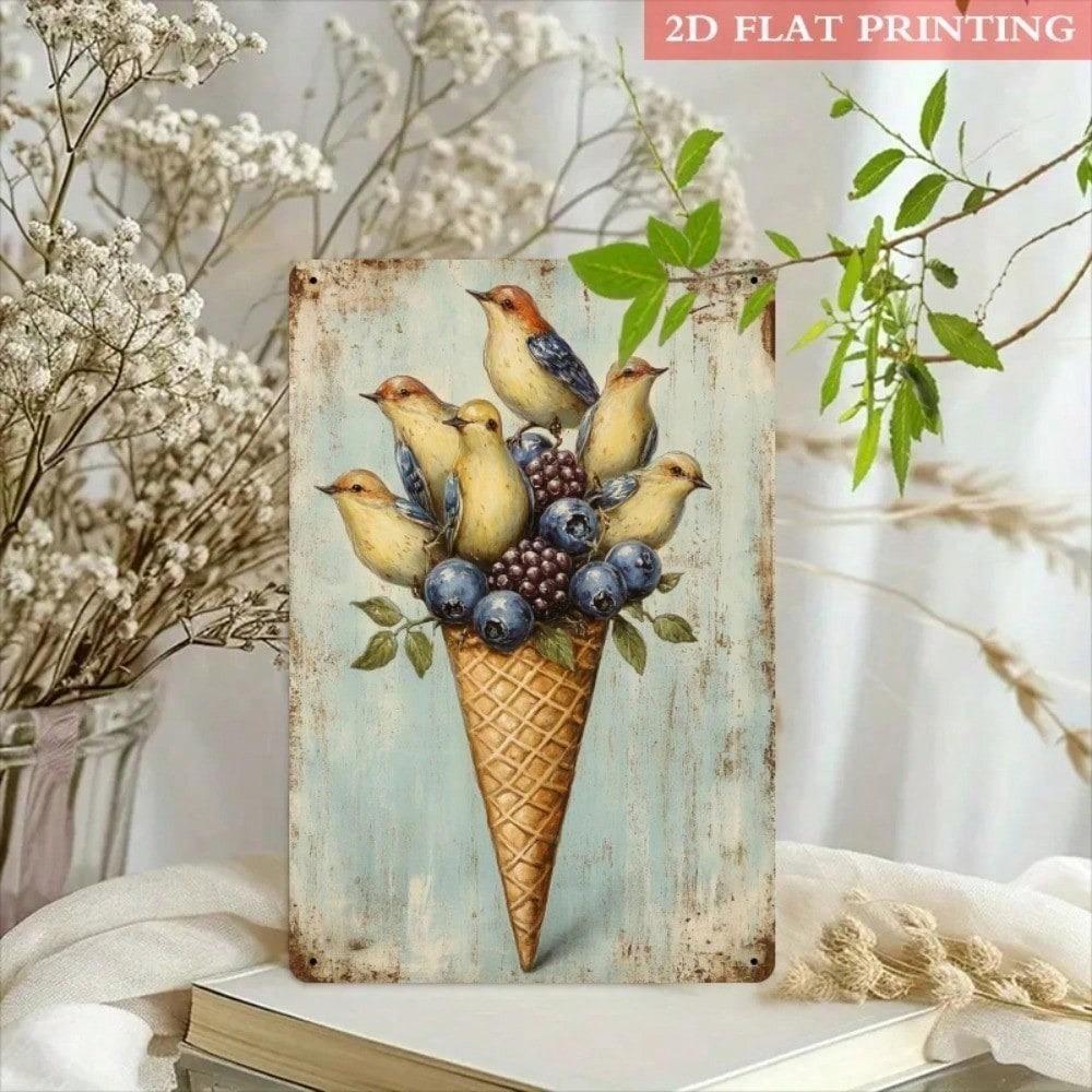 2D Retro Berry Bird Metal Tin Sign 20x30cm Vintage Rustic Iron Wall Art Garden Patio Living Room Decor Plaque
