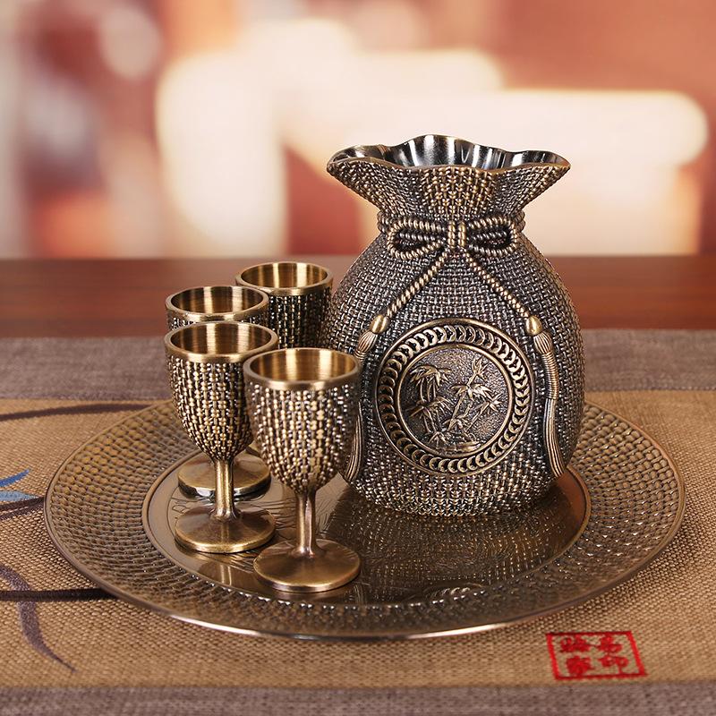Tea set Bronze-plated wine set High-end household wine pot European-style metal goblet lucky bag Baijiu cup six-piece set