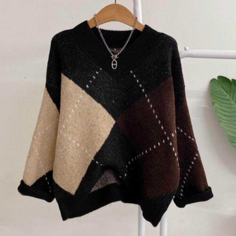 Honey J V Neck Colorblock Diamond Long sleeVe Knit 3color