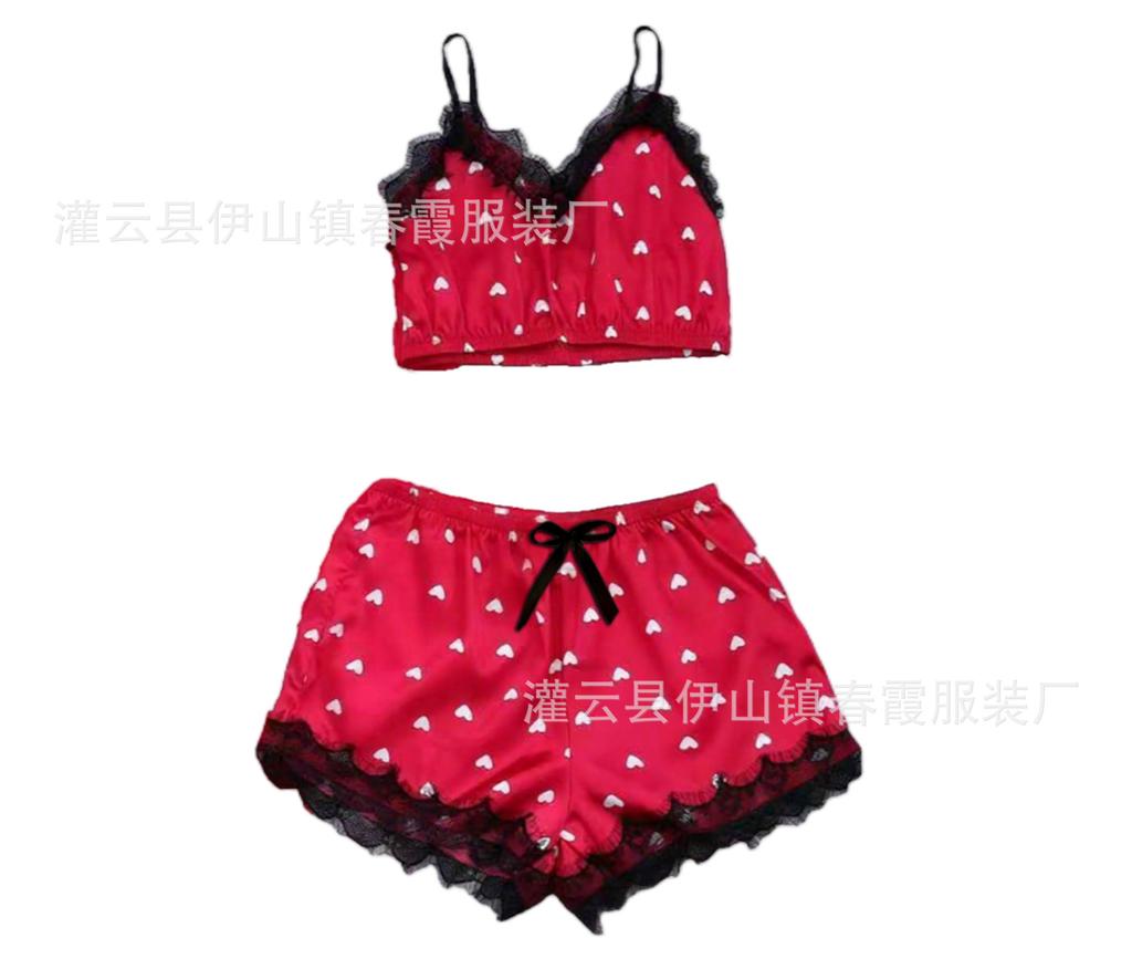 2026 new summer sexy pajamas satin three-piece loungewear love print women