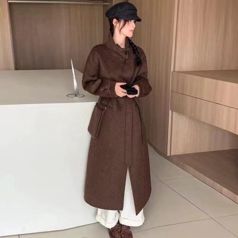 

Бесплатная сумка-мессенджер дизайн воротник-стойка двустороннее шерстяное пальто омолаживающее средней длины женское тонкое шерстяное пальто M кофейный