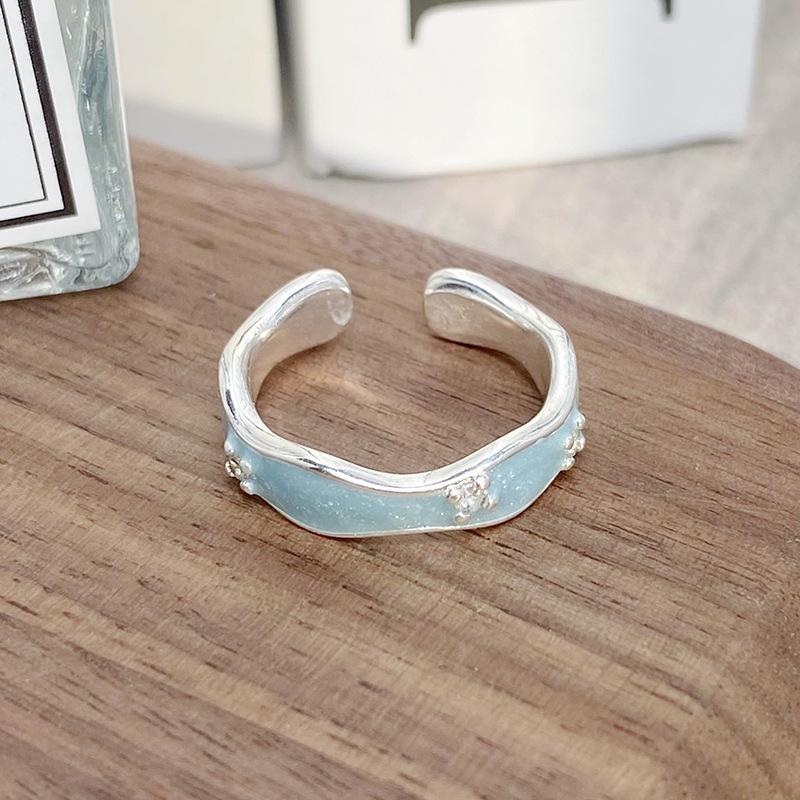 [Sea Salt Qi Ring] Cool Blue Enamel Dripping Oil Zir*****Pening Ring Flower High Sense Stacked Ring Adjustable opening