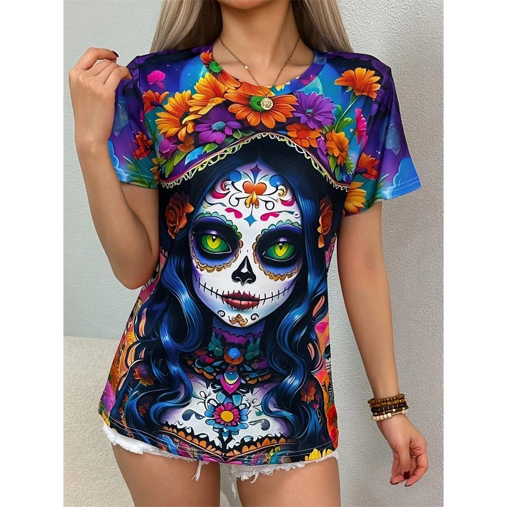 Women's Summer Short Sleeve T Shirt Casual Fashion Clothing Witch Patterns Women's Tops Vacation Travel Clothing Y2K