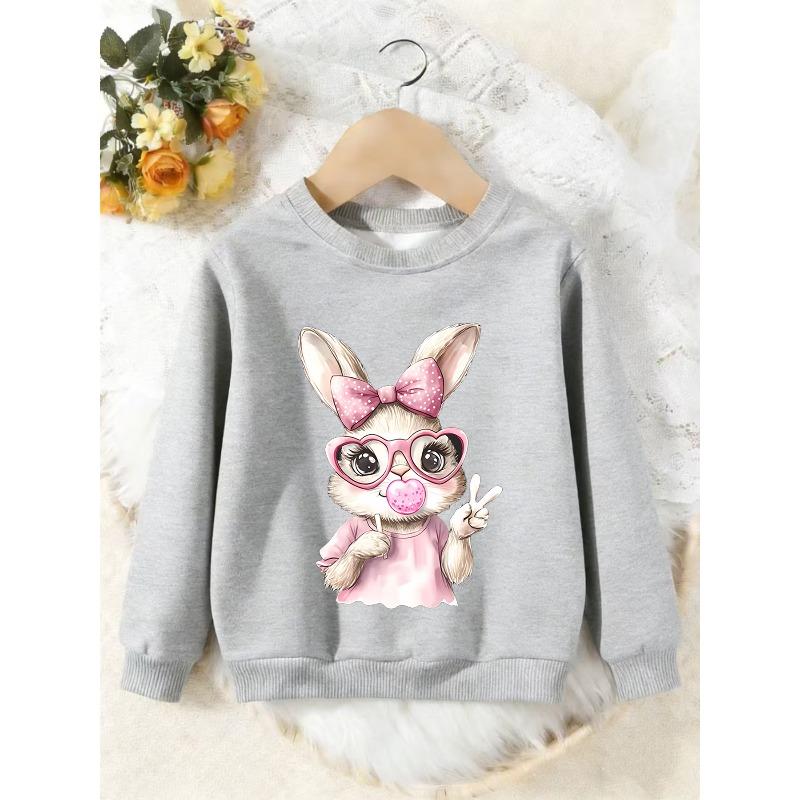Unisex Kids Crewneck Sweatshirt, Cute Pink Bow Bunny Heart Glasses Peace Sign Print Pullover, Boys Girls Easter Sweatshirt For Kids Over 4 Years Old