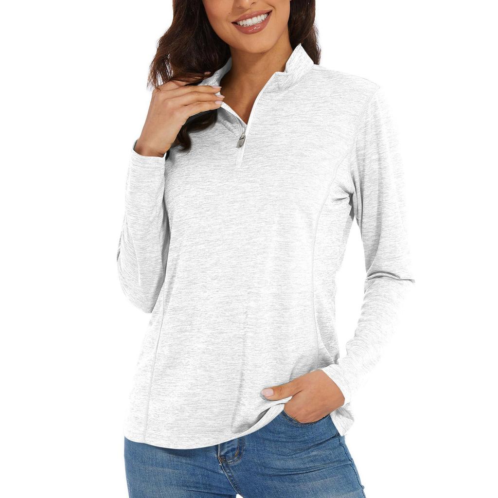 Women's Casual Fashion Solid Color Long Sleeve Zipper Neck Top T-shirt