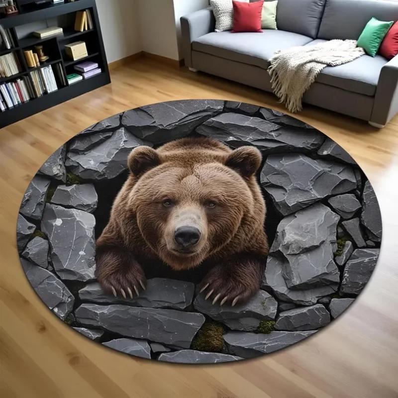 3D Optical Illusion Crack Stone Brown Bear Round Rug Non Slip Washable Floor Mat For Living Room