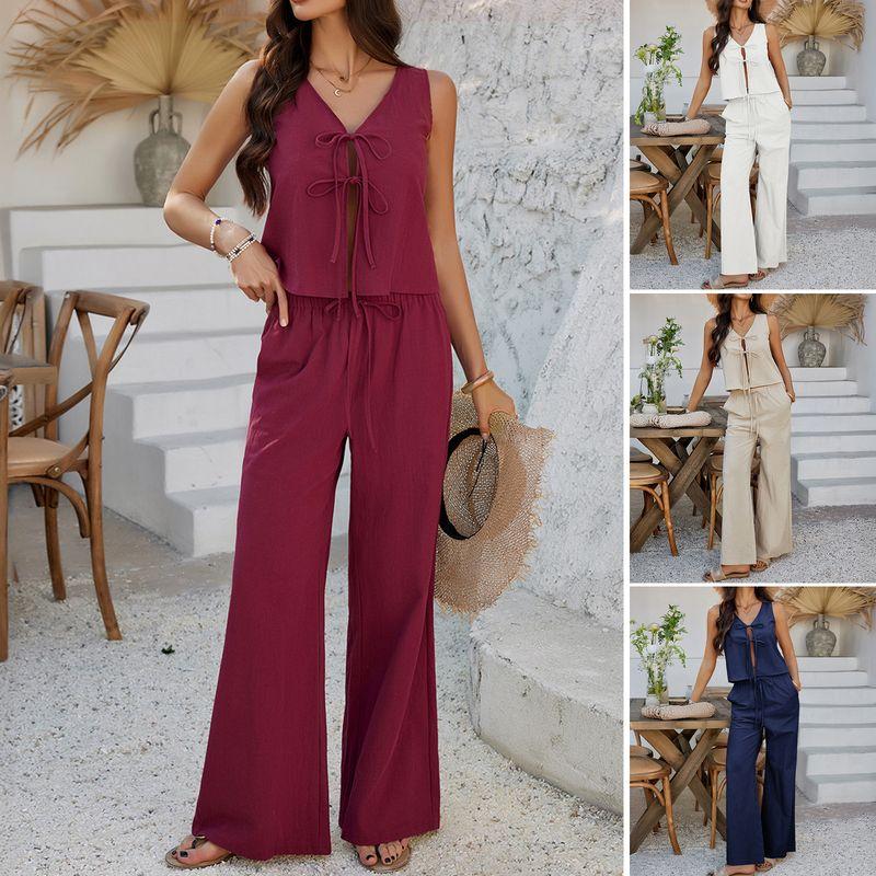 Cross-Border Amazon Foreign Trade Women clothes Spring and Summer Leisure Holiday Style Solid Sleeveless Top Wide Leg Pants Two-piece Suit