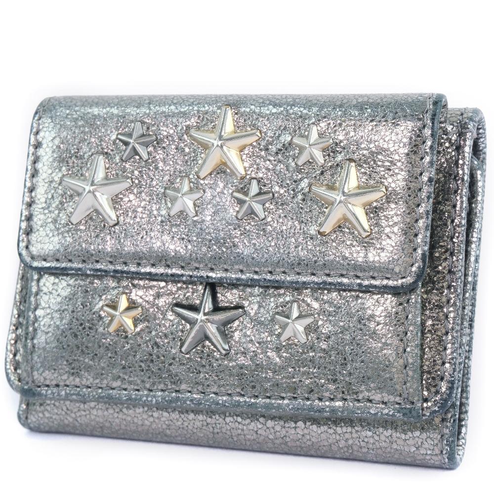 Jimmy Choo Star Studs Tri-fold Wallet Metallic Silver Calfskin Women Used
