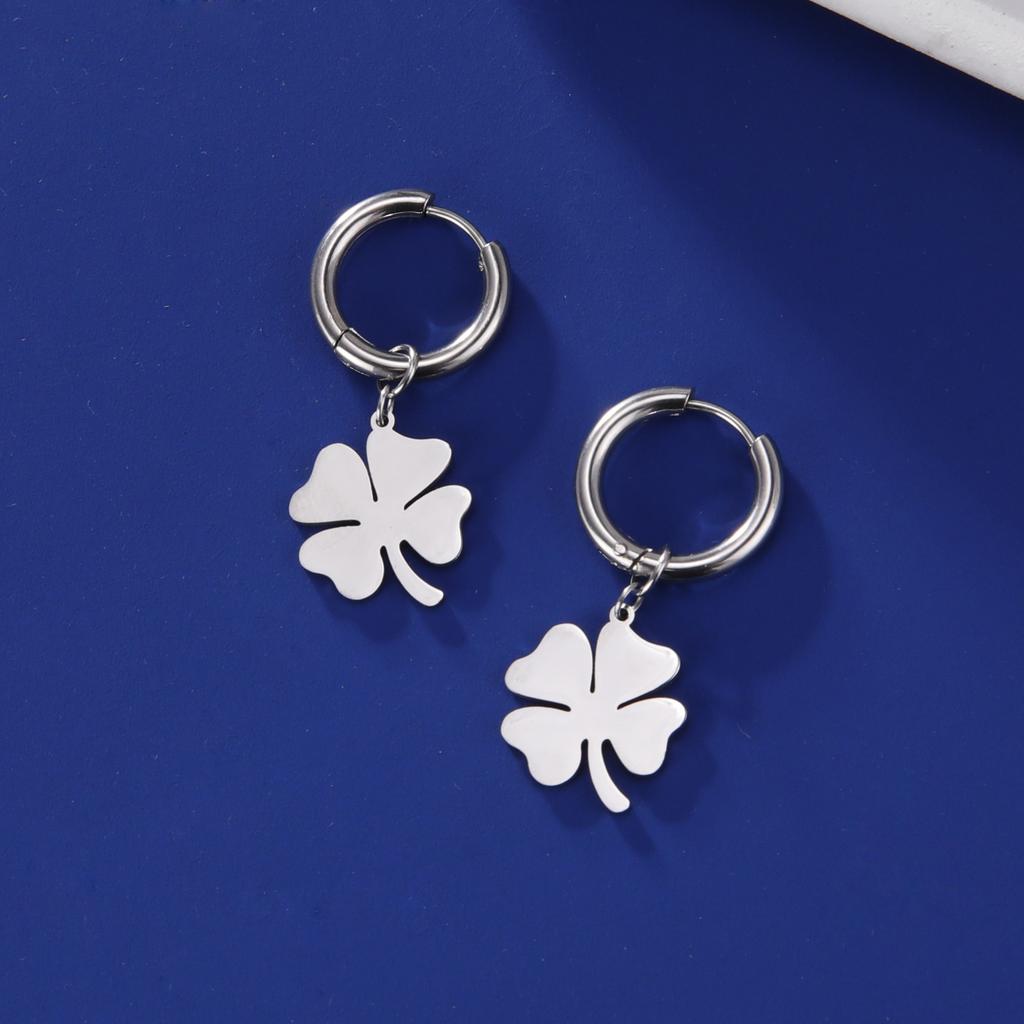 Women Lucky Four-leaf Clover Pendant Drop Earrings Stainless Steel Gold Hoop Earrings Kpop Wedding Jewelry Gift