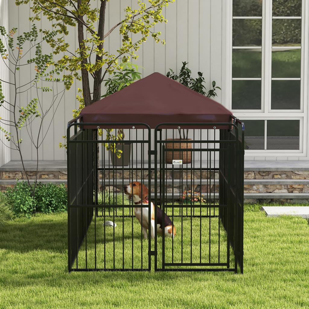 Outdoor Metal Dog Enclosure with Roof, 282x141x160.5cm, Brown