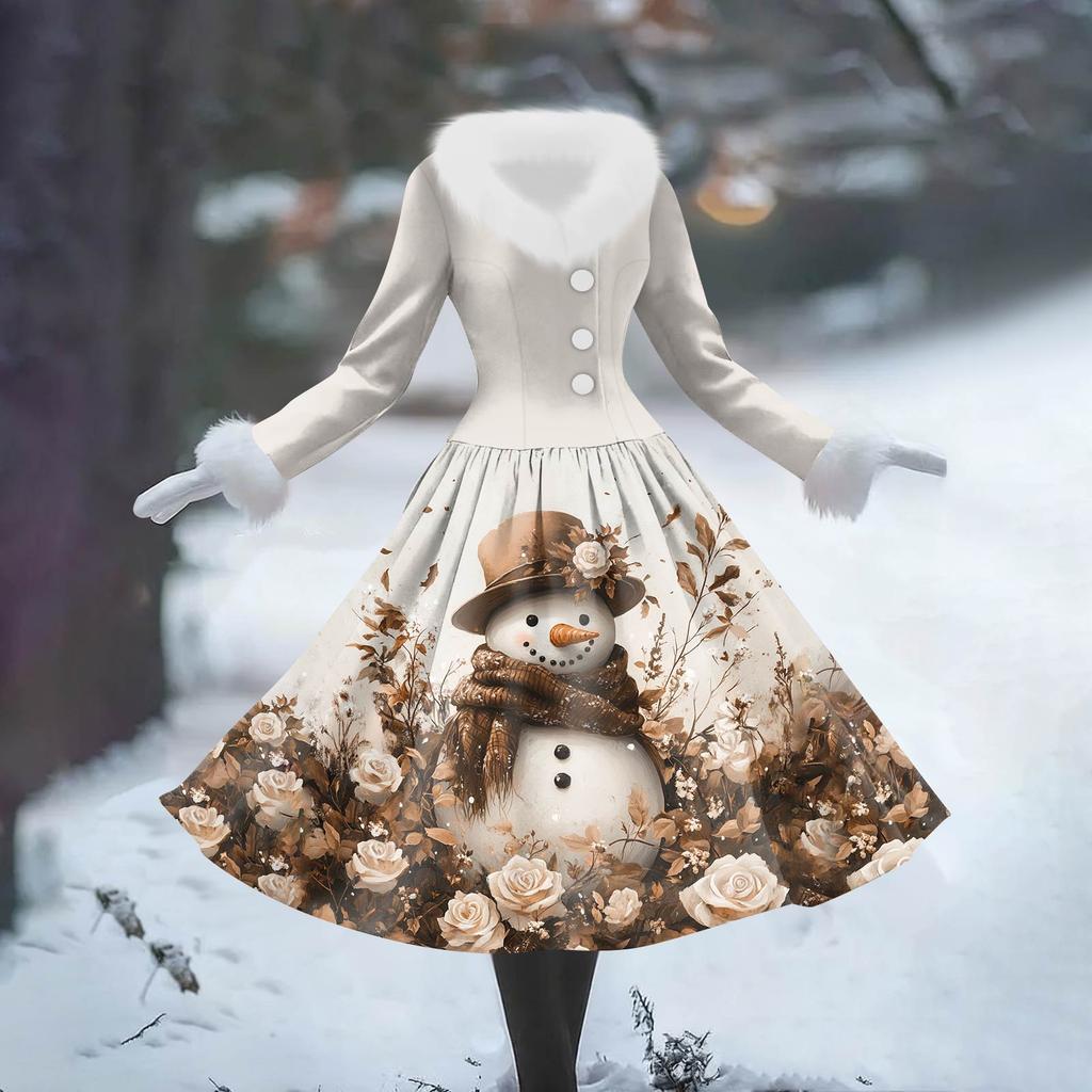 Women's Casual Hooded Dress Long-Sleeve V-Neck Patchwork Fleece Christmas Print Dress