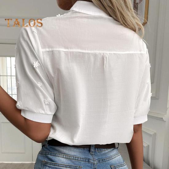 Women Casual Shirt Embroidery Floral Lace Solid Color Pullover Tops Stand Collar V-neck Half Sleeve Relaxed Fit Shirt