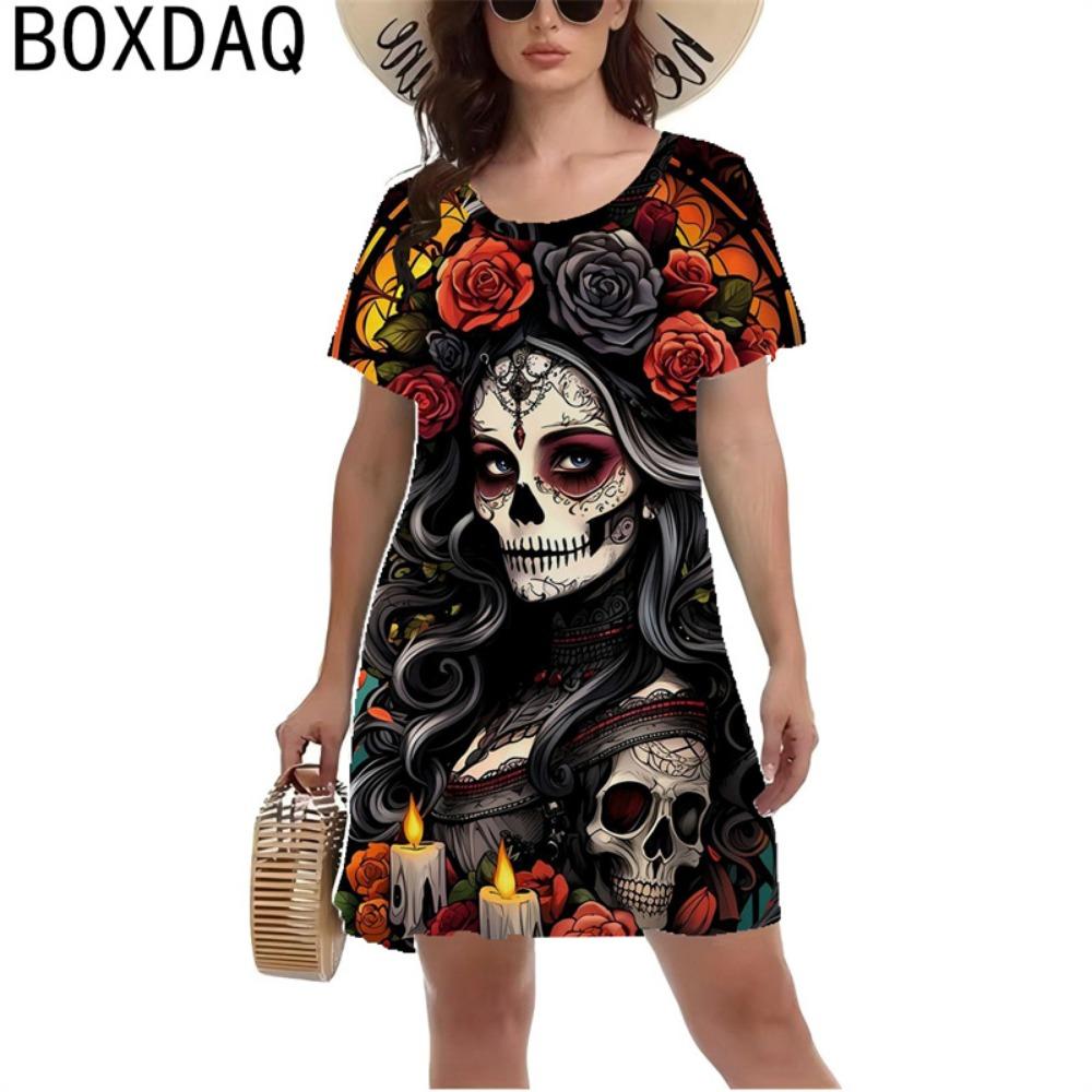 3D Horror Totenkopf Retro Stil Damen Y2K Stil Rosenmuster Minikleid Kurzarm O-Ausschnitt Lässig A-Linie Kleid Sommer