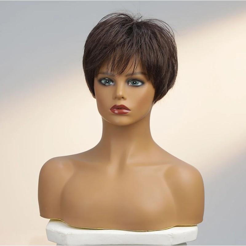 Synthetic Women Curly Natural Golden Brown Hair Short Wigs With Bangs Daily Use Party Cosplay Heat Resistant Fiber