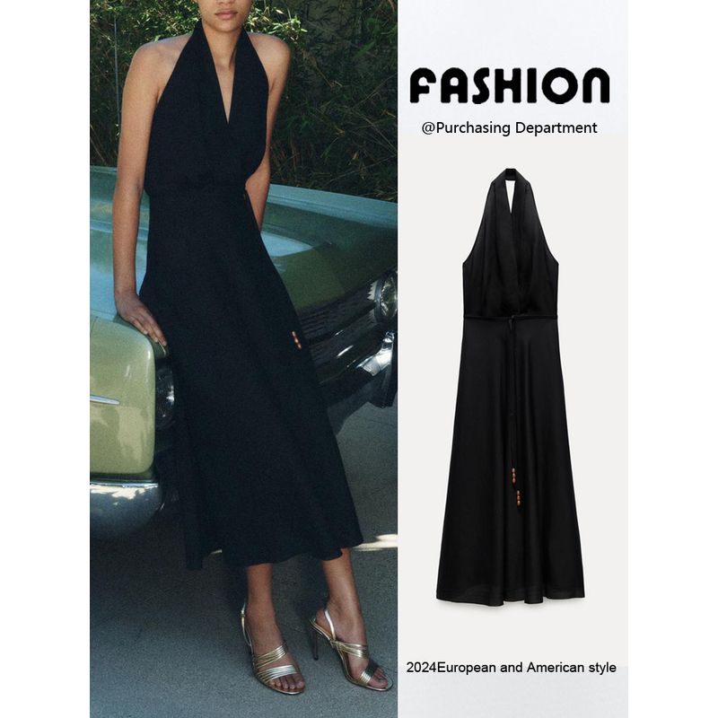 Za2024 Summer New Product Women's Clothes Sexy Open Back Hanging Collar Midi Skirt Dress Black Dress 4786011 800