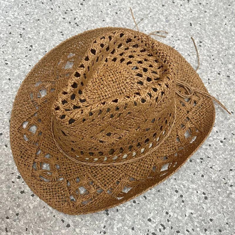 Summer Bohemian Shell Straw Hat Beach Women Men Cowboy Hats Wooden Beads Hollow Out Western Wide Brim Sun Hat Holiday Cap