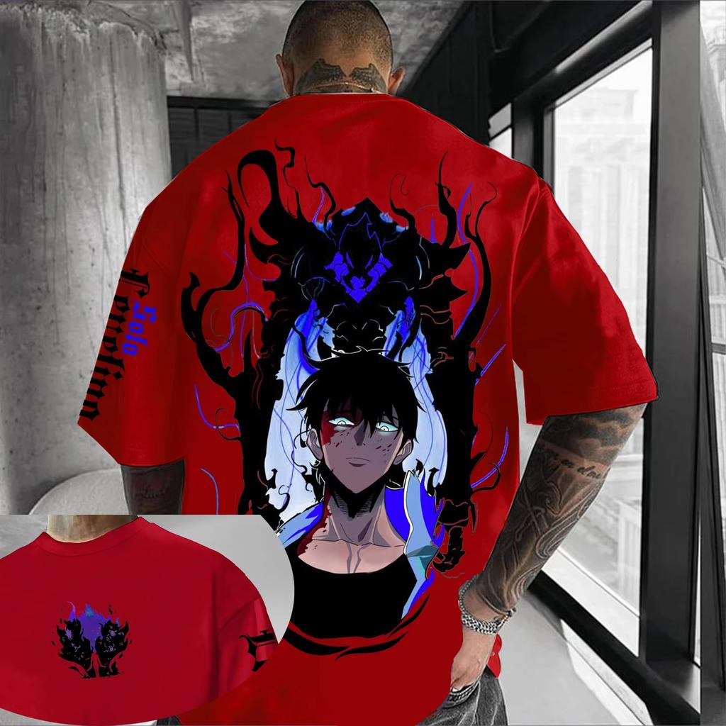 New Japanese Anime Solo Upgrade Cool Cartoon Pattern T-shirt Round Neck Vacation Short Sleeved Loose Streetwear T-shirt Men Top