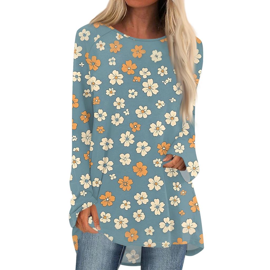 Women's Fashion Casual Long Sleeve Print Round Neck Pullover Top Blouse