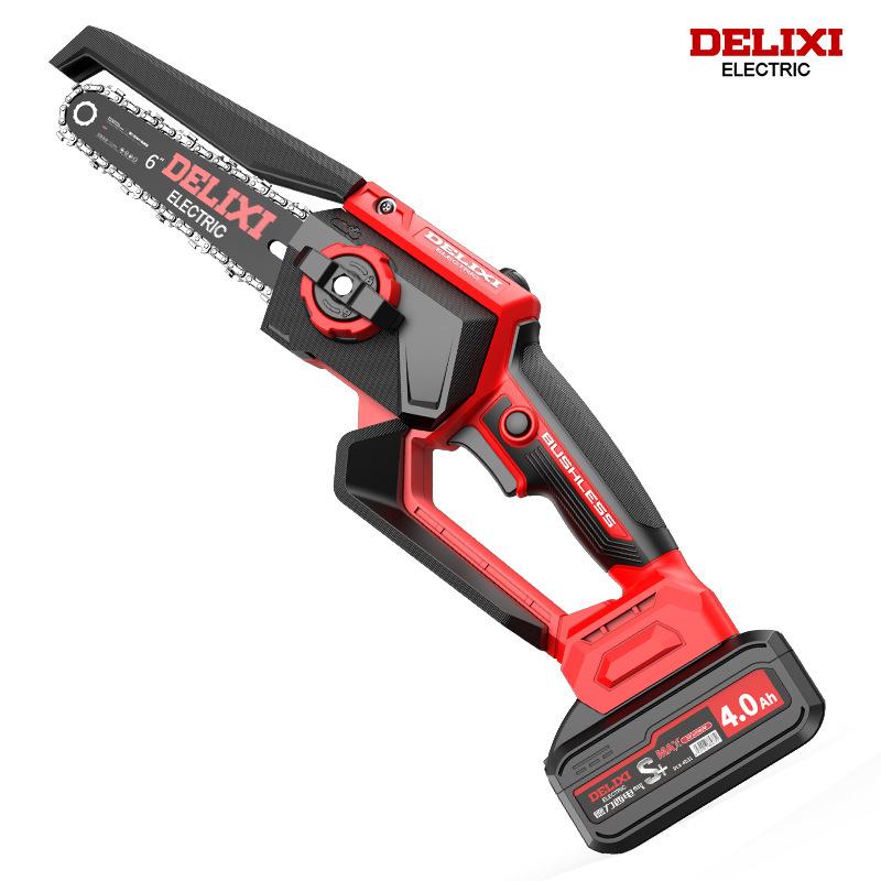 Delixi Rechargeable Brushless Electric Chainsaw with Lithium Battery - Handheld Garden Pruning and Felling Tool for Fruit Trees.