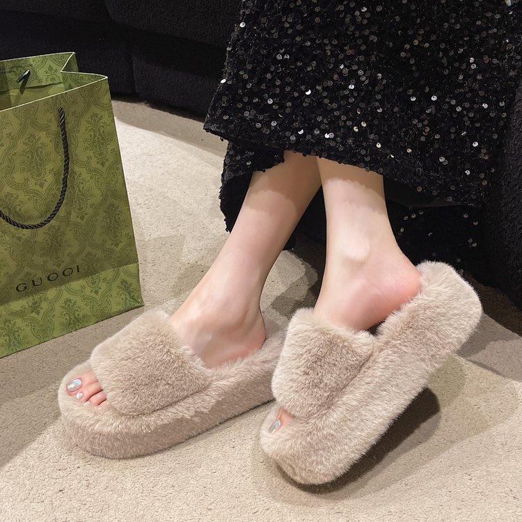 Fashion Pantoufles de Luxe en Fausse Fourrure pour Femme, Chaussures en Peluche, Plate-forme d'Nik, Plates, Décontractées, Rondes, Hiver