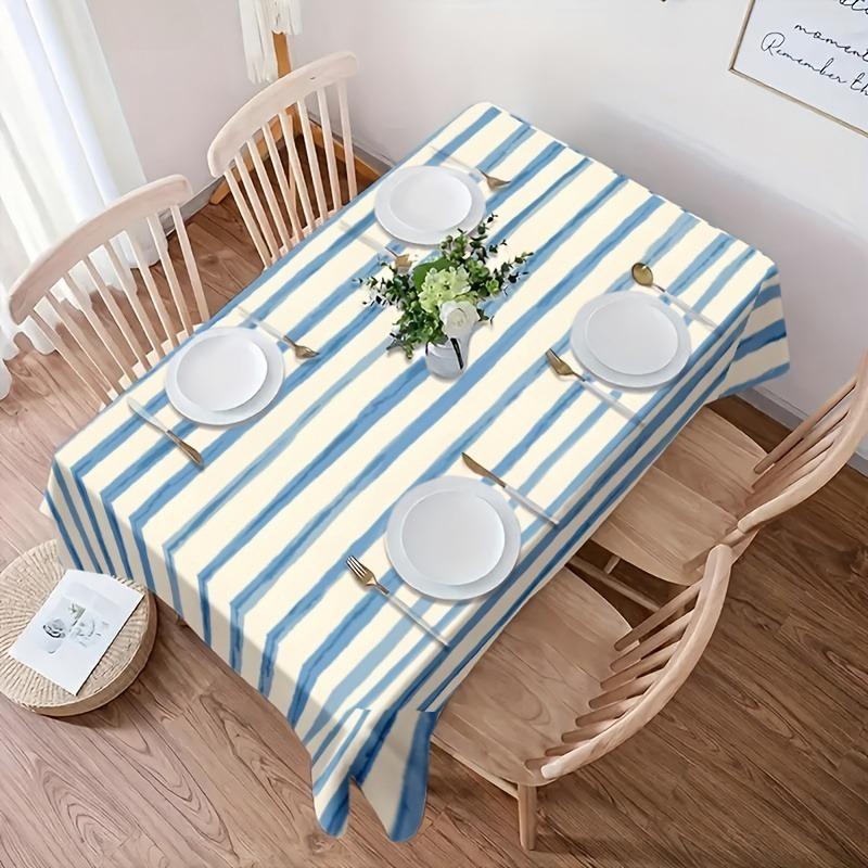 Soft, fashionable and beautiful blue and white striped tablecloth. Machine washable and reusable.