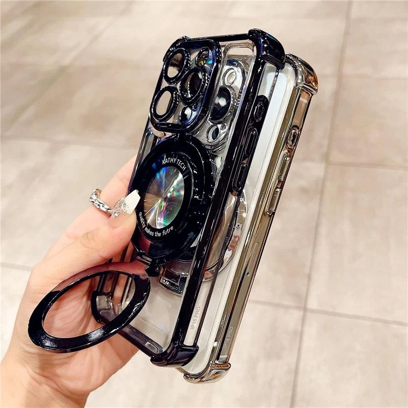 For iPhone 15 Pro Max Luxury Plating Frame Magsafe Magnetic Stand Phone Case For iPhone 11 12 13 14 15 Plus Lens Protective Cover