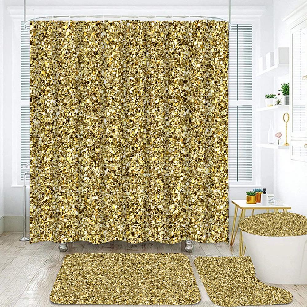 Sparkling Golden Red Shower Curtain Set with Non-Slip Rugs Toilet Lid Cover and Bath Mat Glitter Shower Curtain Bathroom Decor