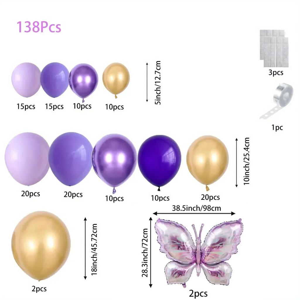 138pcs Purple Butterfly Themed Balloon Set Used for Birthdays Graduation Ceremonies Singles Parties Weddings Summer Decorations