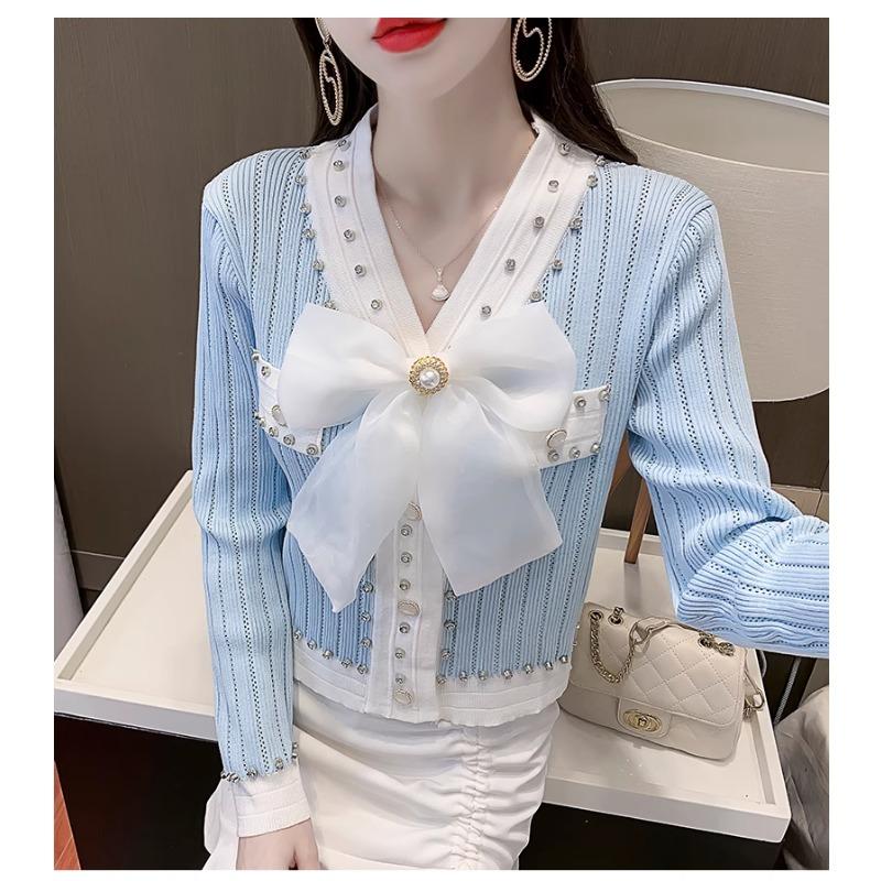 Spring Autumn Women Full Sleeve V-neck Luxury Diamond Beading Bowtie Knitted Sweater Single Breasted Cardigans Tops