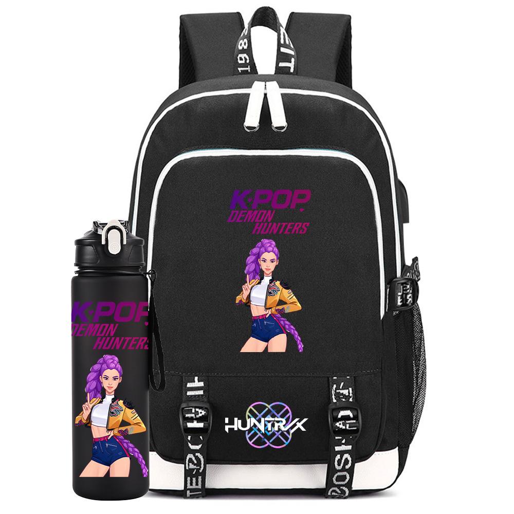 2Pcs/set Anime K-Pop Printed Backpack with 750Ml Water Bottler for Teenager Student Girl Boy Bookbag Kid Gift Large Capacity Travel Bag Rucksak