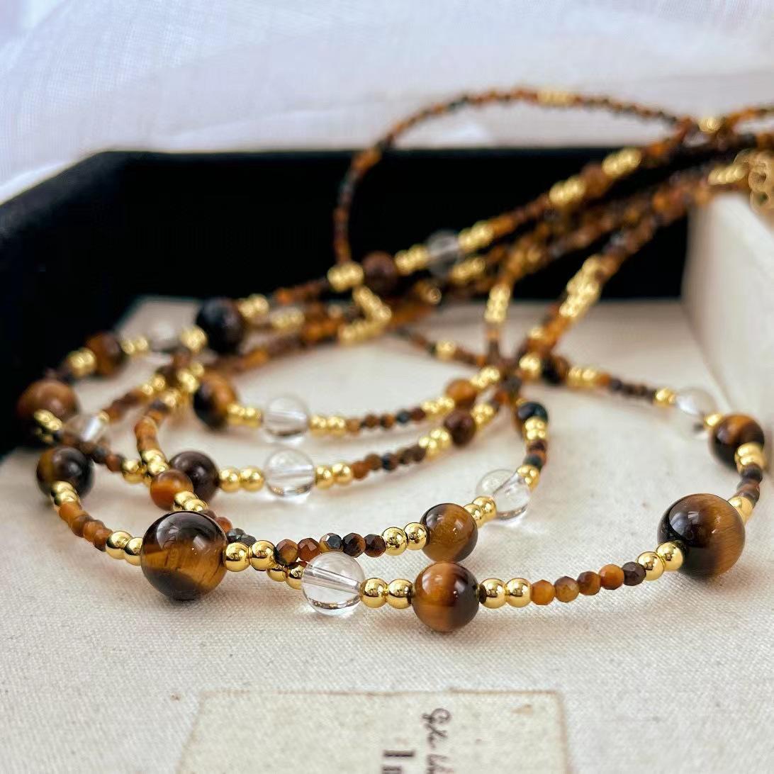 

Vintage High Quality Natural Tiger S Eye Stone Maillard Wind Necklace Collarbone Chain Sweater Chain Necklace