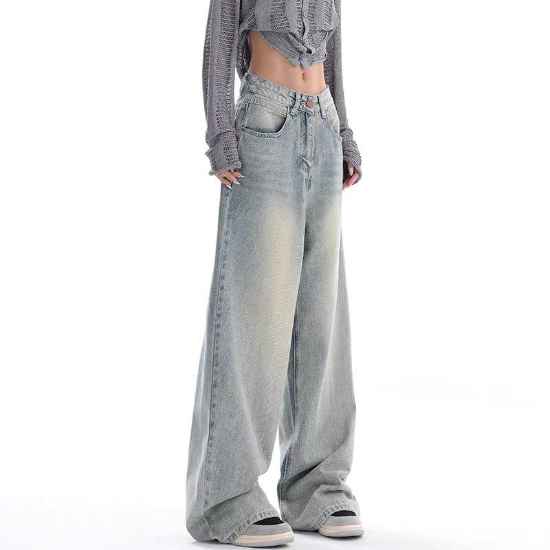 

Женские джинсы с высокой посадкой и широкими штанинами - Модные свободного кроя с карманами, Прямого кроя S [85-95 jin]