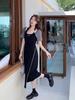Design sense Fashion irregular split long dress Xia Chun wants Spice Girl style thin hanging neck fake two-piece dress
