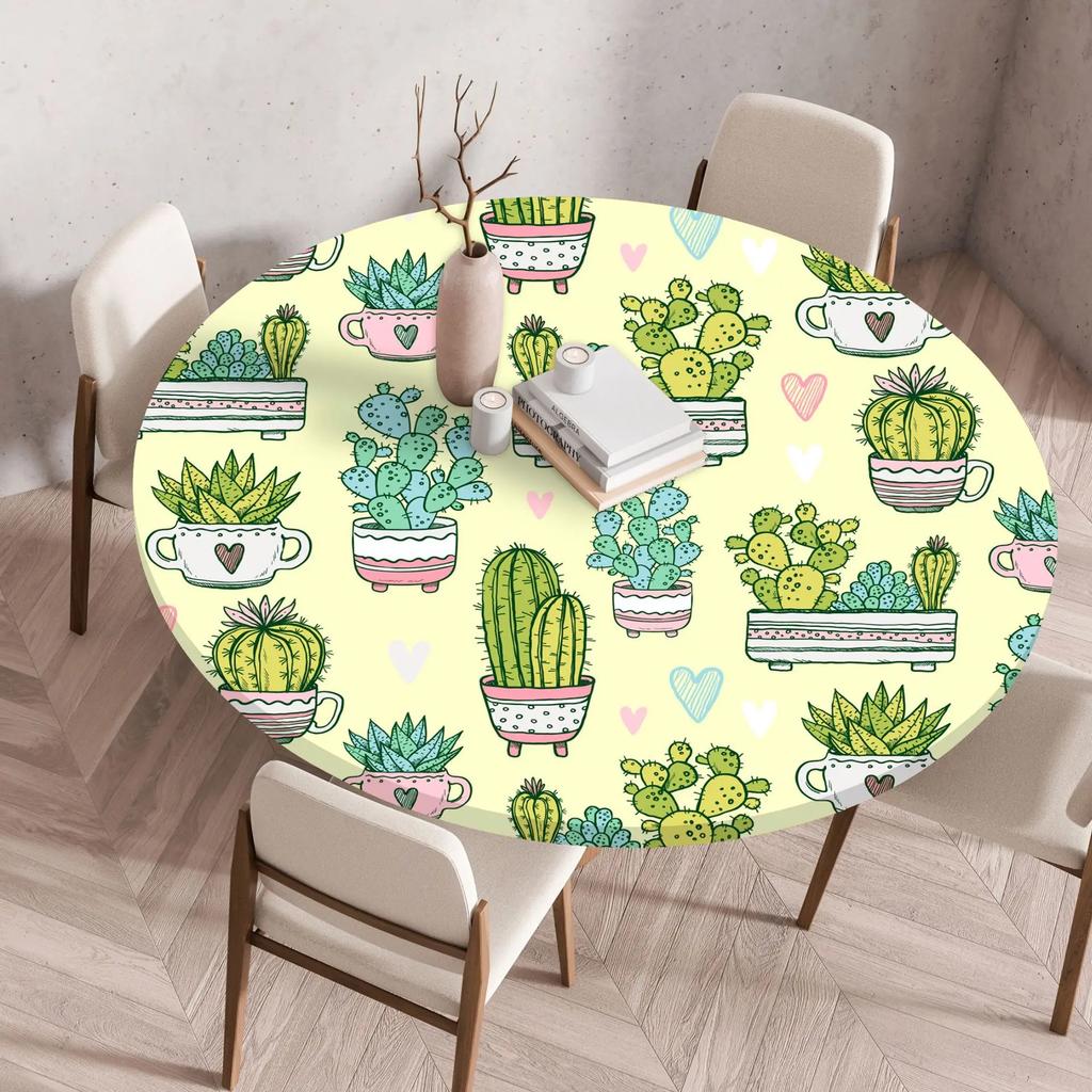 Plant Flower Patterns Round Tableclothes for Dining Table Fitted Table Protector Cover Elastic Edge Desk Decoration Waterproof