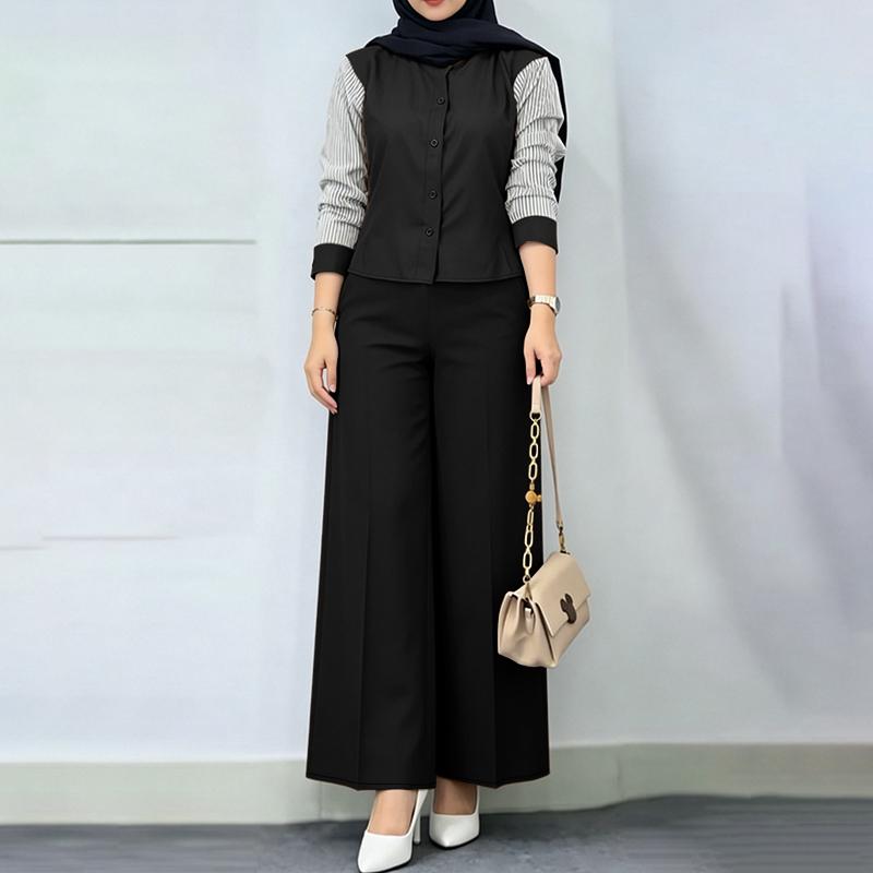 

ZANZEA Women Stripe Splice Long Sleeve Blouse and Pants Casual Two Piece Suit Sets 5XL чорний