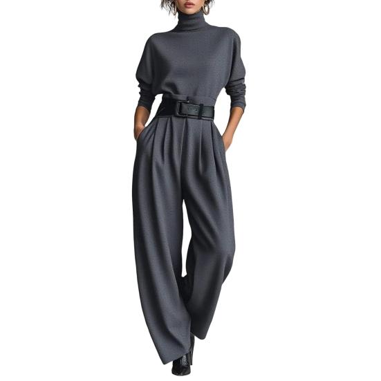 Bequemes Damen-Outfit Damen 2-teiliges Set, High-Neck-Langarmtop und leichte Anzughose mit weitem Bein, Passende Sets, Schickes Business-Büro-Outfit S grau